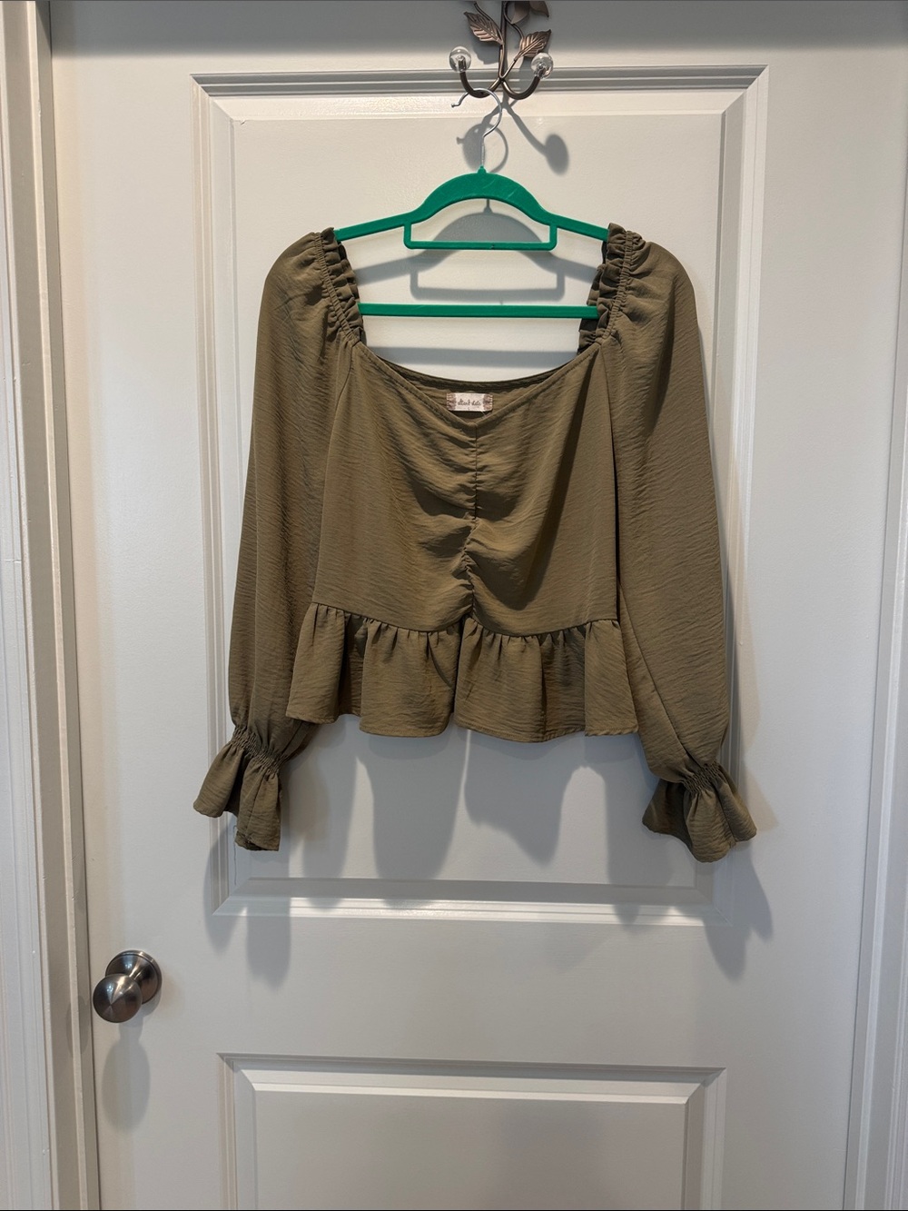 Altar'd State Olive Peasant Ruffle Hem Long-Sleeve Blouse